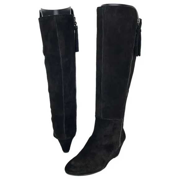 Anne Klein Womens Knee High Wedge Boots 5.5M Alanna Black Suede Wide Calf