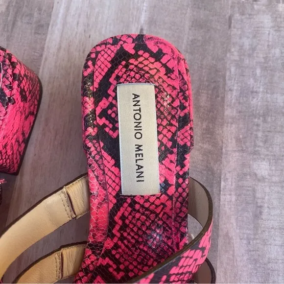 ANTONIO MELANI pink snakeskin slip on heeled sandals sz 8