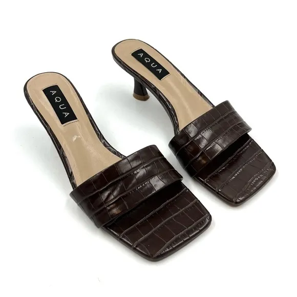 Aqua Day Brown Croc Faux Leather Heeled Sandals Size 6.5