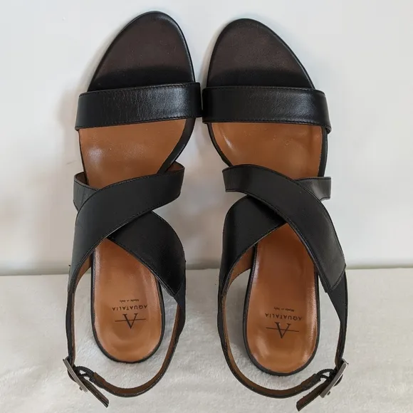 Aquatalia Sandals Nappa Leather Open Toe Slingback Strappy Wedge Black 10 NWOB