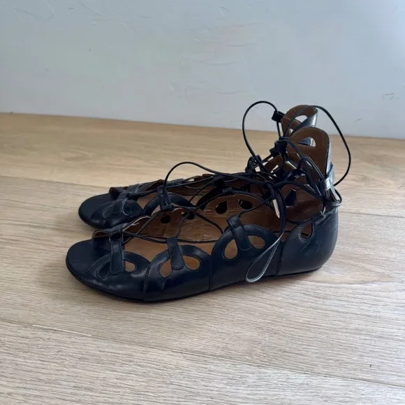 Aquazzura J’Adore Black Leather Lace Up Sandals Size 37.5 / US 7.5