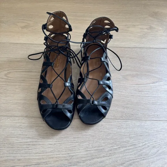 Aquazzura J’Adore Black Leather Lace Up Sandals Size 37.5 / US 7.5