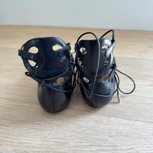 Aquazzura J’Adore Black Leather Lace Up Sandals Size 37.5 / US 7.5