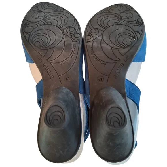 Arche Leather Wedge Peep Toe Sandals Women's Size 41 / US 9.5 Blue Suede