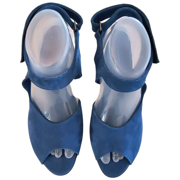 Arche Leather Wedge Peep Toe Sandals Women's Size 41 / US 9.5 Blue Suede