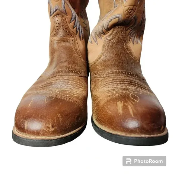 Ariat Men’s Heritage Stockman U-Toe Cowboy Boots Tumbled Barrel Brown Size 10.5