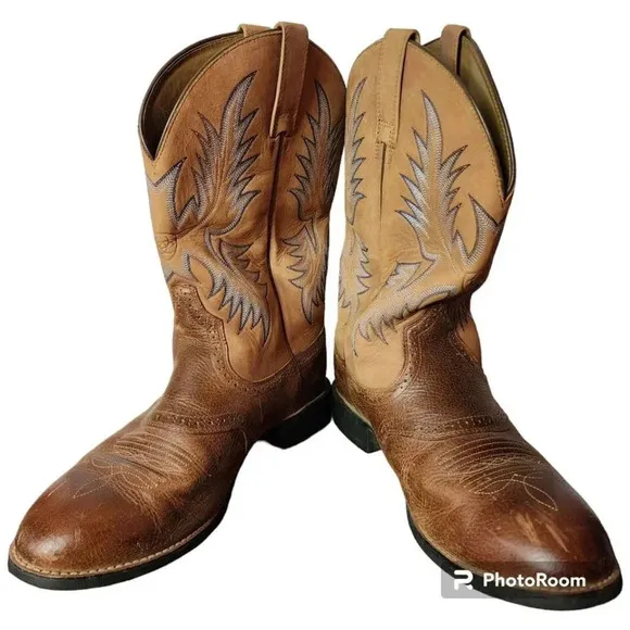 Ariat Men’s Heritage Stockman U-Toe Cowboy Boots Tumbled Barrel Brown Size 10.5