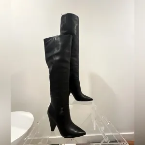 ASH Black Over-the-Knee-High Leather Boots with Cone Heel Size 8 / EU 39