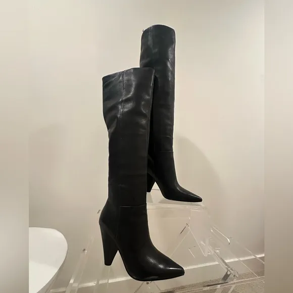 ASH Black Over-the-Knee-High Leather Boots with Cone Heel Size 8 / EU 39