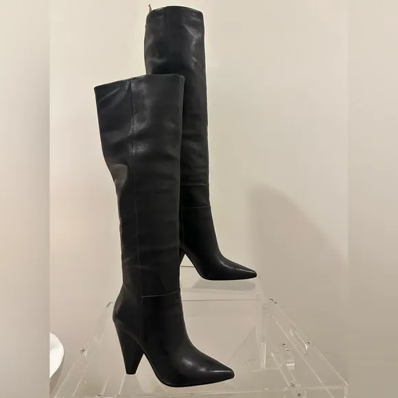 ASH Black Over-the-Knee-High Leather Boots with Cone Heel Size 8 / EU 39