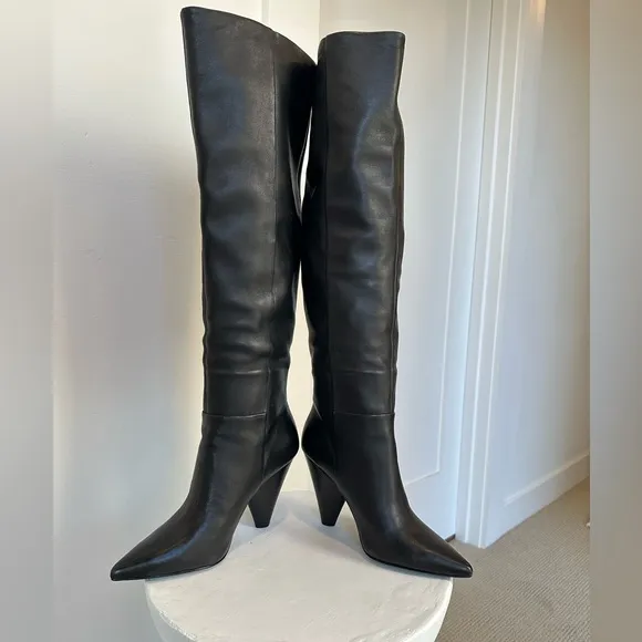 ASH Black Over-the-Knee-High Leather Boots with Cone Heel Size 8 / EU 39