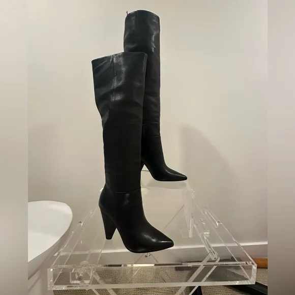 ASH Black Over-the-Knee-High Leather Boots with Cone Heel Size 8 / EU 39