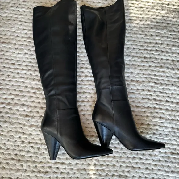 ASH Black Over-the-Knee-High Leather Boots with Cone Heel Size 8 / EU 39