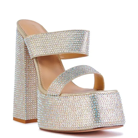 AZALEA WANG Gold Glitter Rhinestone Platform Sandals