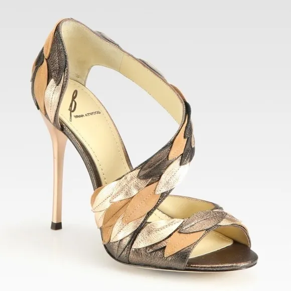 B Brian Atwood Lunetta Metallic Leather &amp; Suede Leaf Sandals