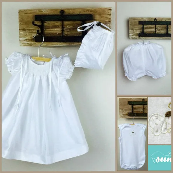 Baby Girl White Smocked Dress, Christening Dress , Baptism Dresses,  Add Bonnet, Blommers and shoes  Shantung Fabric, Free Personalization