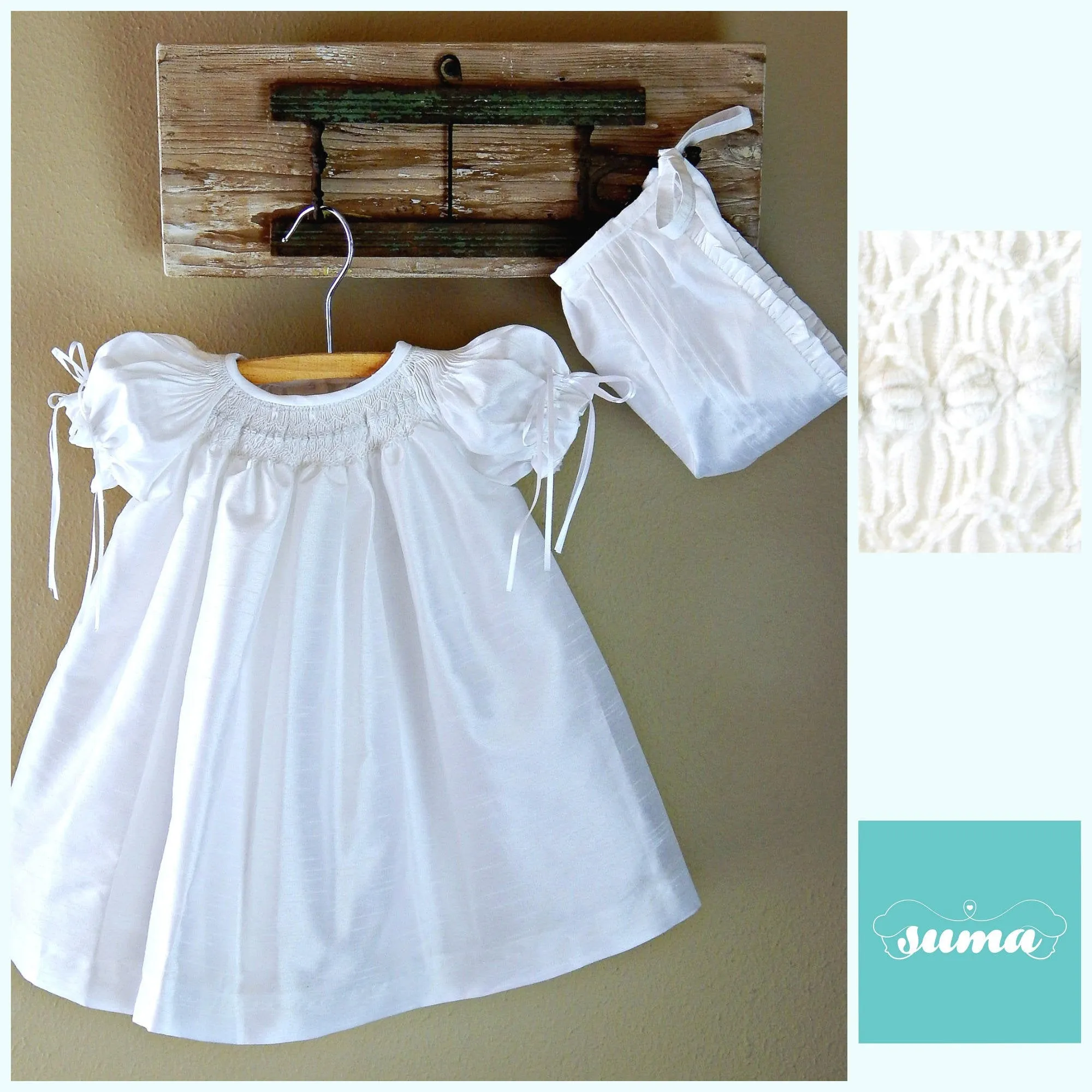 Baby Girl White Smocked Dress, Christening Dress , Baptism Dresses,  Add Bonnet, Blommers and shoes  Shantung Fabric, Free Personalization