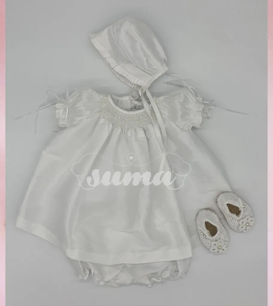 Baby Girl White Smocked Dress, Christening Dress , Baptism Dresses,  Add Bonnet, Blommers and shoes  Shantung Fabric, Free Personalization