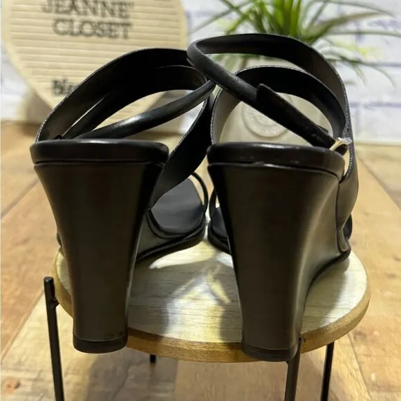 Bally black square toe wedge sandals 7.5