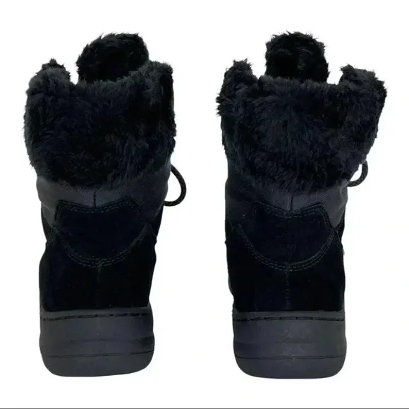 Baretraps Aero Black Leather Faux Fur Medium Width Lace Up Womens Ankle Boots