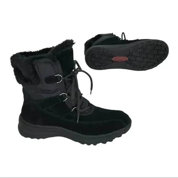 Baretraps Aero Black Leather Faux Fur Medium Width Lace Up Womens Ankle Boots