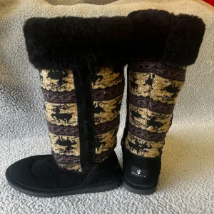 Bearpaw Boots Women 8 Black Brown Blitzen Reindeer Knit Faux Cuff 672W Shearling