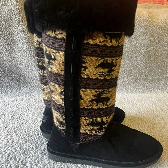 Bearpaw Boots Women 8 Black Brown Blitzen Reindeer Knit Faux Cuff 672W Shearling