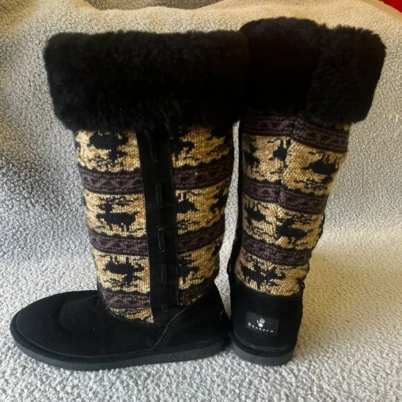 Bearpaw Boots Women 8 Black Brown Blitzen Reindeer Knit Faux Cuff 672W Shearling