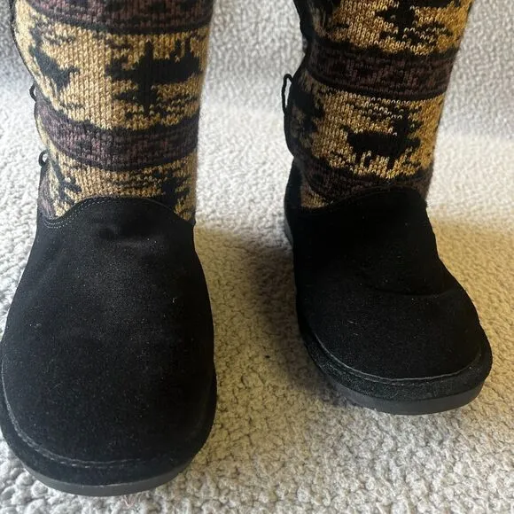Bearpaw Boots Women 8 Black Brown Blitzen Reindeer Knit Faux Cuff 672W Shearling