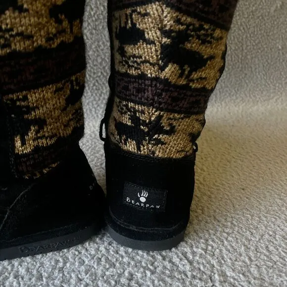 Bearpaw Boots Women 8 Black Brown Blitzen Reindeer Knit Faux Cuff 672W Shearling