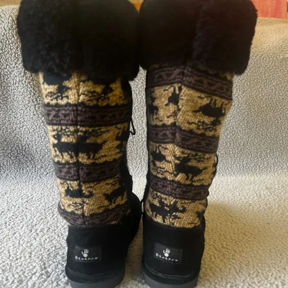 Bearpaw Boots Women 8 Black Brown Blitzen Reindeer Knit Faux Cuff 672W Shearling