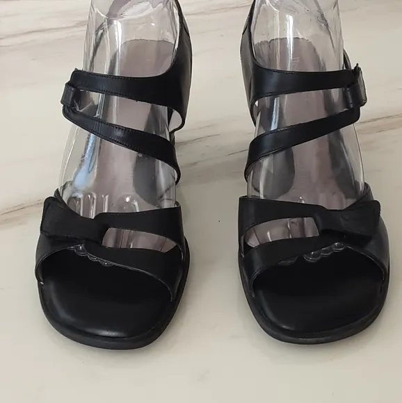 Beautifeel Black Leather Block Stack High Heel Caged Strappy Sandal Sz 10