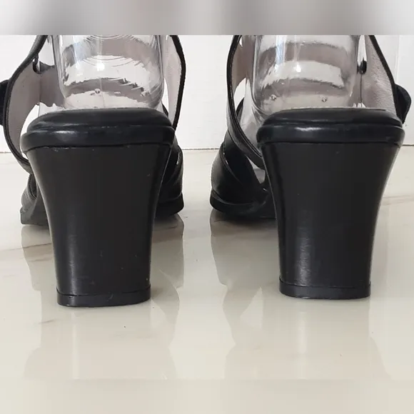 Beautifeel Black Leather Block Stack High Heel Caged Strappy Sandal Sz 10