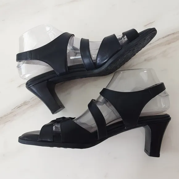 Beautifeel Black Leather Block Stack High Heel Caged Strappy Sandal Sz 10