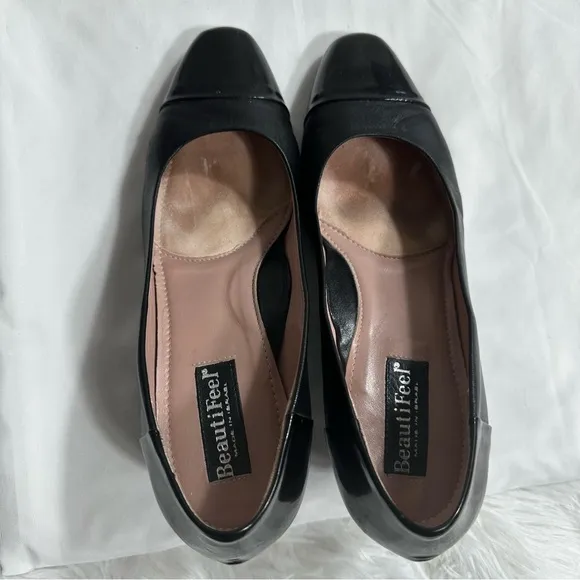 Beautifeel Shoes Sz 39 Black Leather Patent Slip On Comfort Pump Low Cone Heel