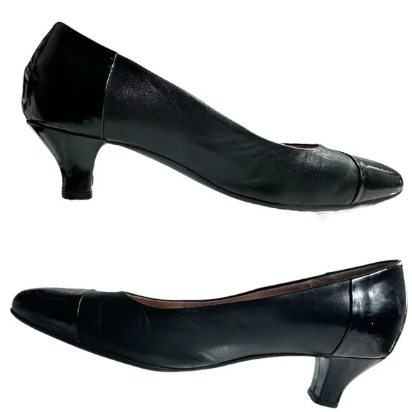 Beautifeel Shoes Sz 39 Black Leather Patent Slip On Comfort Pump Low Cone Heel
