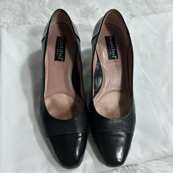 Beautifeel Shoes Sz 39 Black Leather Patent Slip On Comfort Pump Low Cone Heel
