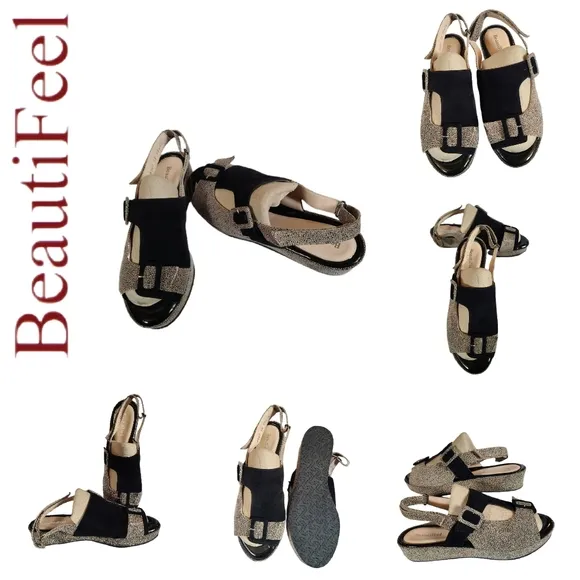 BEAUTIFEEL SUEDE WEDGE TWO-TONED OPEN-TOE SANDALS