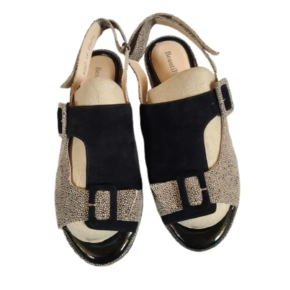 BEAUTIFEEL SUEDE WEDGE TWO-TONED OPEN-TOE SANDALS