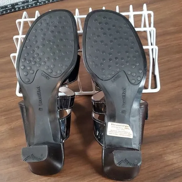 Beautifeel Begonia Black‎ Smooth Patent Leather Sandals Velcro Adjustable 42 11½