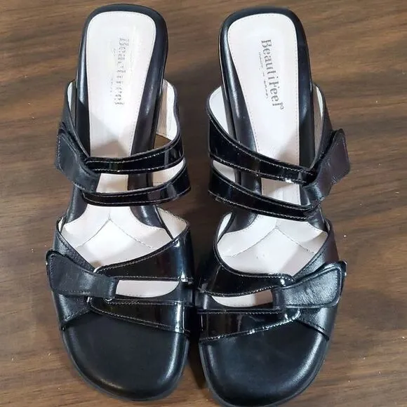 Beautifeel Begonia Black‎ Smooth Patent Leather Sandals Velcro Adjustable 42 11½