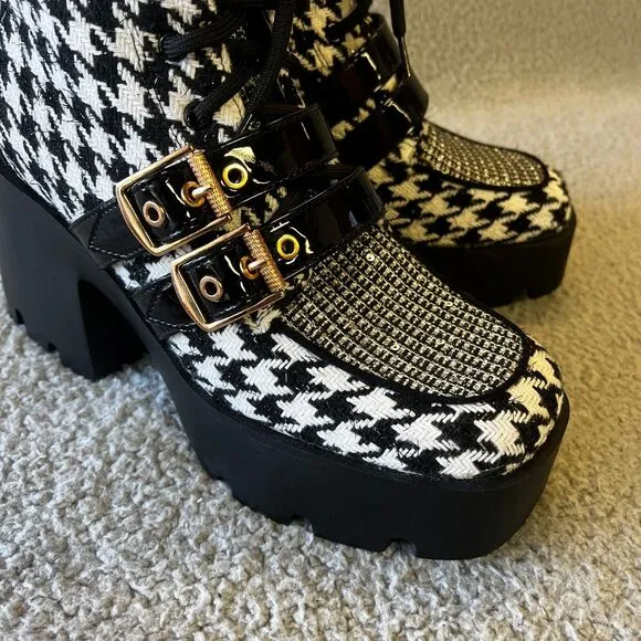 Betsey Johnson Ankle Boots Women 8 Black White Houndtooth Sequins Platfom Buckle
