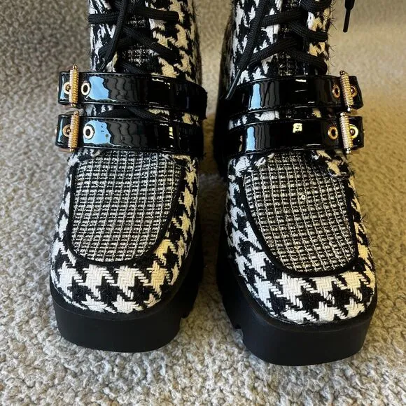 Betsey Johnson Ankle Boots Women 8 Black White Houndtooth Sequins Platfom Buckle