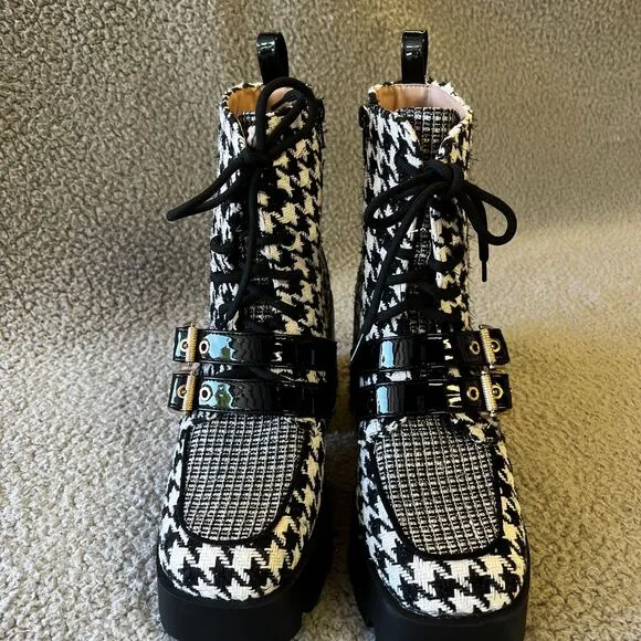 Betsey Johnson Ankle Boots Women 8 Black White Houndtooth Sequins Platfom Buckle