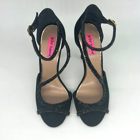 Betsey Johnson Glammer Black Stiletto Suede Leather &amp; Beaded Peep Toe Sandals 9