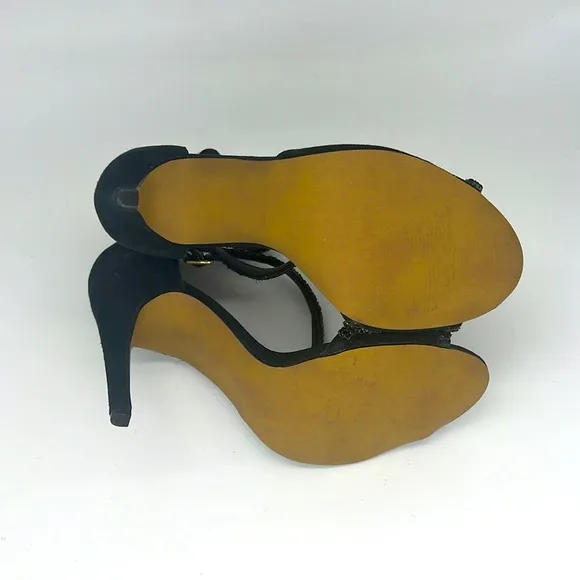 Betsey Johnson Glammer Black Stiletto Suede Leather &amp; Beaded Peep Toe Sandals 9