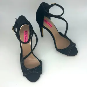 Betsey Johnson Glammer Black Stiletto Suede Leather &amp; Beaded Peep Toe Sandals 9