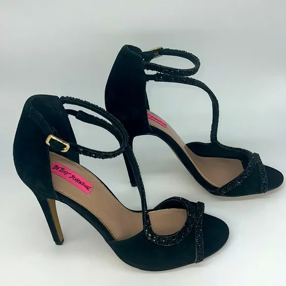 Betsey Johnson Glammer Black Stiletto Suede Leather &amp; Beaded Peep Toe Sandals 9