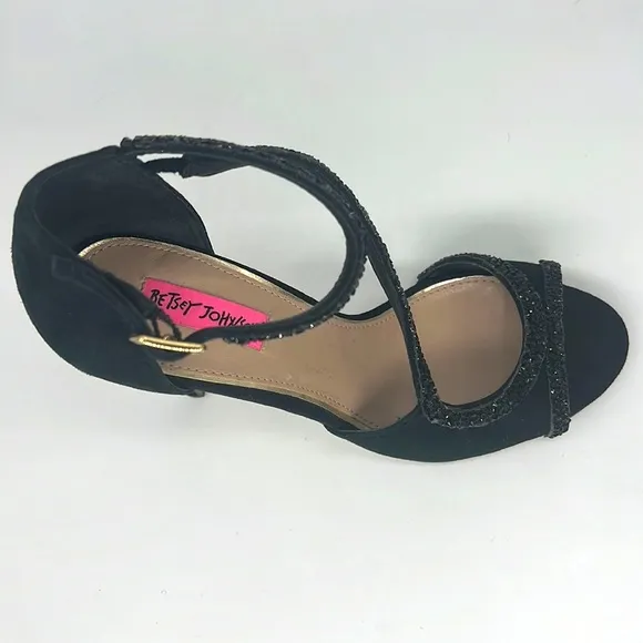 Betsey Johnson Glammer Black Stiletto Suede Leather &amp; Beaded Peep Toe Sandals 9