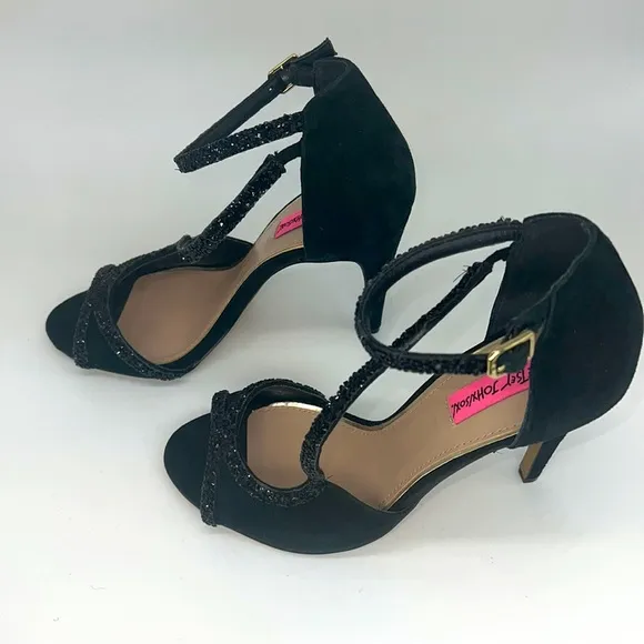 Betsey Johnson Glammer Black Stiletto Suede Leather &amp; Beaded Peep Toe Sandals 9